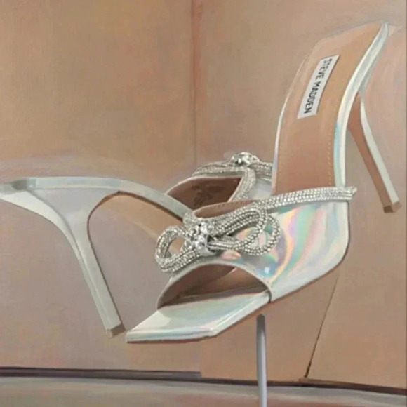 New Steve Madden Silver 10 Sparkling Bow Castlecore Formal Slide Mules Sandals - Picture 1 of 5